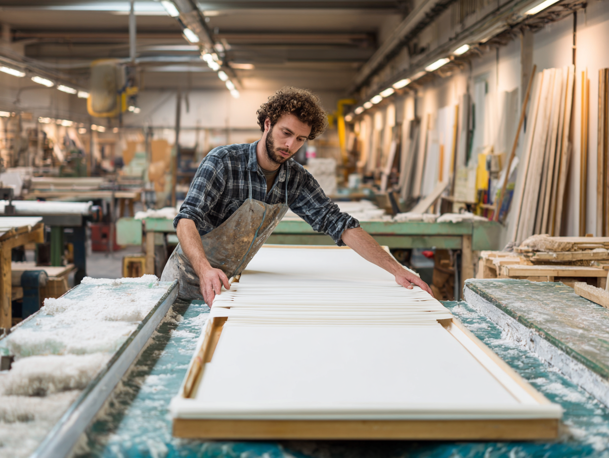 Worker manufacturing fabric-wrapped acoustic panels at NYC facility